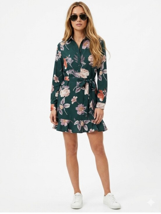 Dresses & Skirts - Tie-Waist Dark Green Shirt Dress With Ruffle Hem